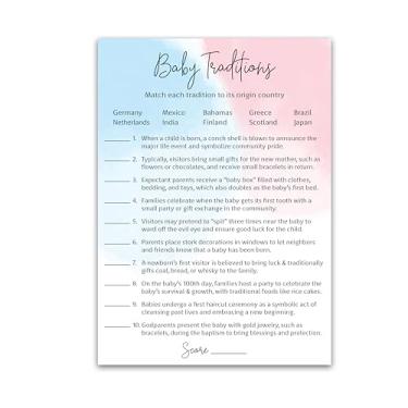 Imagem de GENDER REVEAL Party Games — BABY TRADITIONS around the World Game — Pack of 25 — Minimalist Theme Girl or Boy, Pink or Blue Fun Facts Trivia Activity Gender Neutral Baby Shower Activities G752-BTW