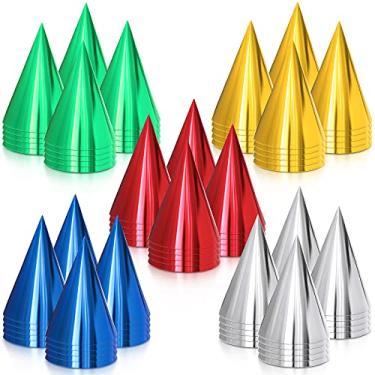 Imagem de 100 peças chapéus de cones metálicos chapéus de cone de festa coloridos chapéus de papel de aniversário para festas de aniversário, ouro, prata, vermelho, verde, azul