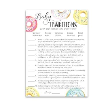 Imagem de DONUT Baby Shower Games — BABY TRADITIONS around the World Game — Pack of 25 — Fun Baby Facts Doughnut Theme Baby Shower Activity Trivia Girl or Boy Gender Neutral Pink or Blue Couples Shower G850-BTW