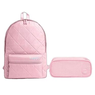 Imagem de Kit Mochila E Estojo Escolar Infantil Duplo Happy Rosa - Tilibra