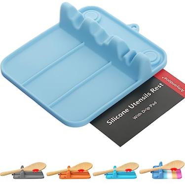Imagem de Amyandone Descanso De Colher, Suporte Silicone Para Fogão Com Coletor Gordura, Adequado Vários Utensílios Cozinha, Bancada 3 Ranhuras, Resistente Ao Calor E Lavável Na Máquina Lavar Louça, Lake Blue