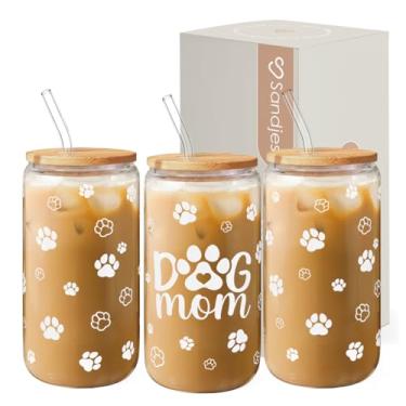 Imagem de SANDJEST Copo Dog Mom Caneca de café de vidro de 473 ml com tampa de bambu e canudo - Presentes para amantes de cães para mulheres - Presente de mãe de cachorro para aniversário, dia das mães