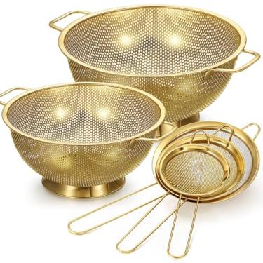 Imagem de Baderke Conjunto de 5 coadores e escorredores dourados, incluindo escorredores de aço inoxidável de 4/5 litros com alças e 3 coadores de malha fina para drenagem de cozinha, enxágue macarrão, legumes