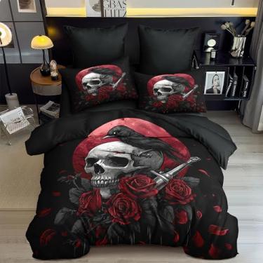 Imagem de CCoutueChen Conjunto de edredom King com caveira rosa gótica, corvo da lua vermelha macia, leve, para decoração de quarto de mulheres, homens, meninos, 3 peças, microfibra horrível, espada de
