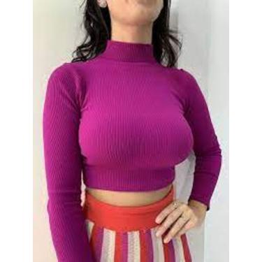 Imagem de Cropped feminino manga longa gola rasa básico malha canelada moça - Fi