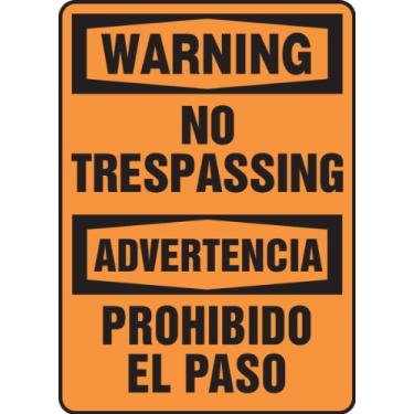 Imagem de Accuform SBMADM304VA Placa bilíngue espanhola de alumínio, legenda "Warning NO TRESPASSING/ADVERTENCIA PROHIBIDO EL PASO", 35,5 cm de comprimento x 25,4 cm de largura, preto em laranja