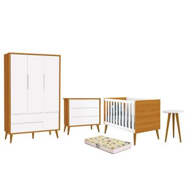 Imagem de Dormitório Infantil Theo Retrô 3 Portas, Cômoda, Berço, Mesa de Apoio com Pés Amadeirado e Colchão D18 - Reller Móveis Branco/Savana