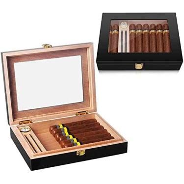 Imagem de Estojo Para Charutos Humidor, Pequena Caixa De Charutos Humidor Com Higrômetro E Umidificador, Estojo Para Charutos Forrado De Cedro Com Capacidade Para 20 Charutos