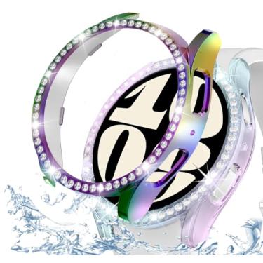 Imagem de DEALELE [Pacote com 2 capas compatíveis com Samsung Galaxy Watch 6 de 44 mm, capa protetora de PC diamante de linha única brilhante capa de reposição para relógio (44 mm, arco-íris + arco-íris claro)