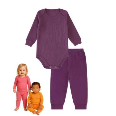 Imagem de Kit 2 peças Roupa Bebê Body Mijão Calça Básico Liso Canelado punhos fe