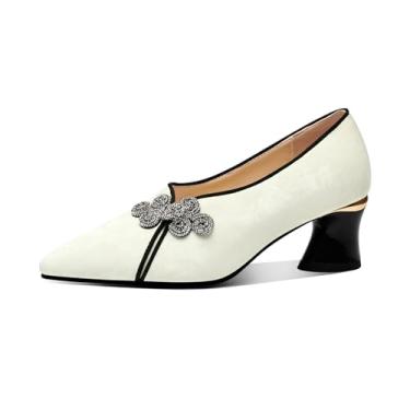 Imagem de TinaCus Sapato feminino sedoso de couro genuíno feito à mão, bico fino, salto grosso, sapato social, Bege, 38