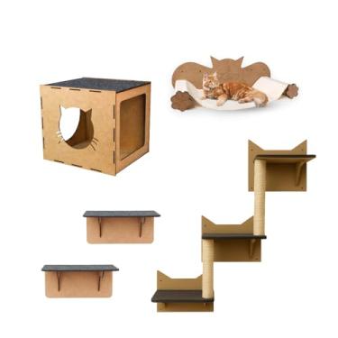 Imagem de BOXFAN Kit Playground para Gato Suspenso 5 peças Brinquedo Gatos Diversão Gatil Rede Descanso Escada Pet Arranhador Escalada Prateleiras Poleiro Gato Mdf Resistente