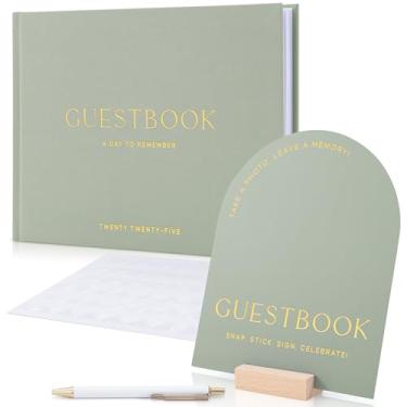 Imagem de Lindo conjunto de livros de convidados de casamento com ano de 2025 personalizado para sua recepção de casamento – Livro de visitas fotográfico Polaroid elegante com capa de linho, placa, caneta de