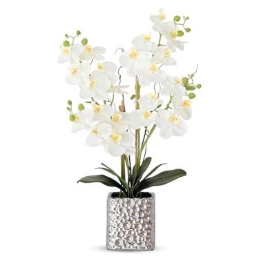 Imagem de Flores artificiais de orquídea com vaso de prata flores falsas grandes de seda Phalaenopsis para sala de jantar, mesa de centro de mesa floral, decoração interna, branca