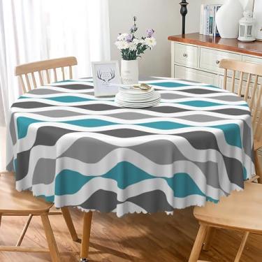 Imagem de Laeacco Toalha de mesa geométrica redonda de 137 cm, azul e cinza, com estampa de arte abstrata, toalha de mesa lavável, impermeável, sem vincos, para cozinha, jantar, piquenique, decoração de festa