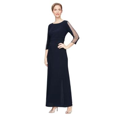 Imagem de S.L. Fashions Vestido formal feminino longo com cintura franzida e mangas 3/4 ilusão de contas (tamanho pequeno e regular), Miçanga de ilusão azul-marinho, 40