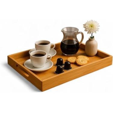 Imagem de Bandeja Retangular De Bambu Ecokitchen Com Alça Laterais 40cm Ideal Para Servir Petiscos, Café e Lanches ou Decoração De Casa