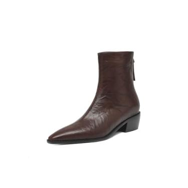 Imagem de TinaCus Botas Chelsea femininas de couro genuíno feitas à mão com zíper nas costas, bico fino, salto baixo, cano baixo, cano alto, Marrom, 34