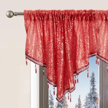 Imagem de WUBODTI Cortina de Natal com contas vermelhas para janelas, 1 peça, boho, glitter, triângulo, borlas, cozinha, janela, sanefas, decoração de Natal, cortina para sala de estar, banheiro, L 120 x C22