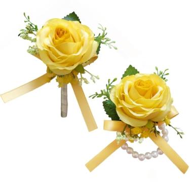 Imagem de MAFELOE Conjunto de 2 peças de corpete rosa artificial e flor na lapela, acessórios de flores de simulação para celebração de casamento, evento de negócios, decoração de terno - amarelo (M7-Y2-S-MG)