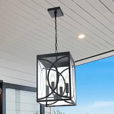 Imagem de PENDRION Lustre externo de 4 luzes grande para ambientes externos e internos, lustre externo de metal preto moderno para pendurar no teto com vidro transparente para jardim, pátio, porta e pátio