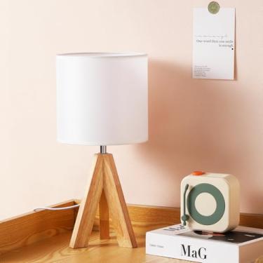 Imagem de LRXJHHTY Abajur de mesa, tripé pequeno com abajur de tecido de linho, 37,8 cm, candeeiro de mesa de madeira tricolor 5W para sala de estar, quarto de crianças, berçário (branco)