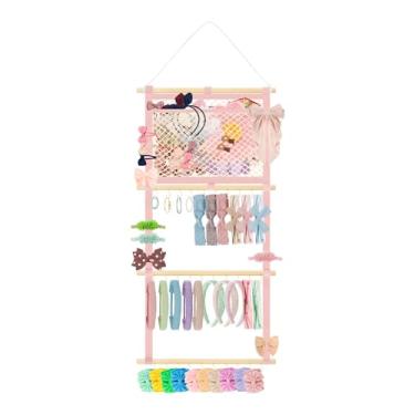 Imagem de Suporte de faixa de cabeça, organizador de laços de cabelo para meninas, organizador de cabeça de madeira para pendurar na parede com rede de armazenamento, acessórios de cabelo, organizador de