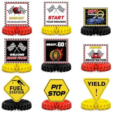 Imagem de Funny Race Car Birthday Decorations 9Pcs Checkered Flags Racing Honeycomb Centerpieces Let's Go Racing Party Banner Table Topper Caution Logos Sign for Kids Race Fans Car Birthday Party Supplies