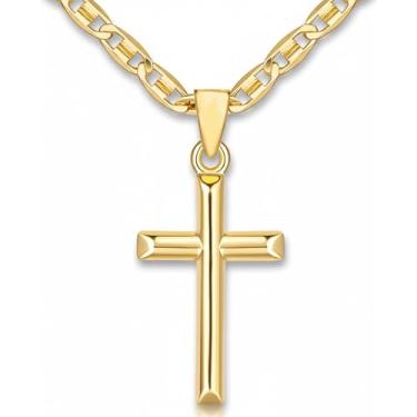 Imagem de KERDEETE Colar de cruz de ouro para mulheres e homens, colar com pingente de cruz de aço inoxidável dourado, colar de cruz cristã para homens e mulheres, corrente 45-50 cm