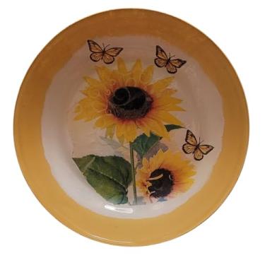 Imagem de Prato Decorativo em Vidro com Girassóis e Borboletas, Amarelo e Branco, Design Floral, Estilo Primavera, técnica Decoupage