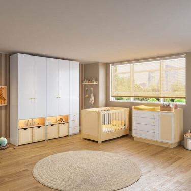 Imagem de Conjunto de Quarto Completo Infantil Wave com Berço, Cômoda e Guarda Roupas Modulados Wave Casatema Branco/Natural