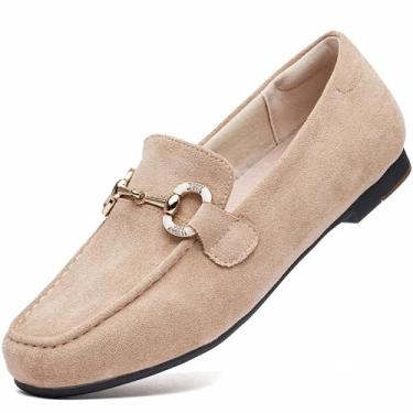 Imagem de Mocassins femininos modernos de salto baixo sem cadarço confortáveis para dirigir, Camurça bege, 41