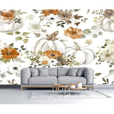 Imagem de Papel de parede aquarela outono estampa floral abóboras brancas flores rústicas um outono papel de parede autoadesivo removível mural de parede pôster adesivo de fundo decoração de parede para sala de