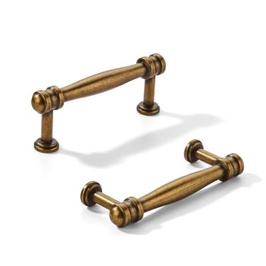 Imagem de khtumeware Pacote com 10 puxadores de armário de latão antigo com orifício central de 76 mm, alça sólida para armário de cozinha resistente, ferragens de armário para penteadeira, puxador de banheiro