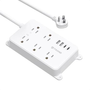 Imagem de TROND Filtro de linha com USB, plugue plano protetor contra surtos com 5 tomadas amplamente espaçadas e 3 portas USB, listado ETL, 1300J, montagem na parede, cabo de extensão de 1,5 m, para cozinha de