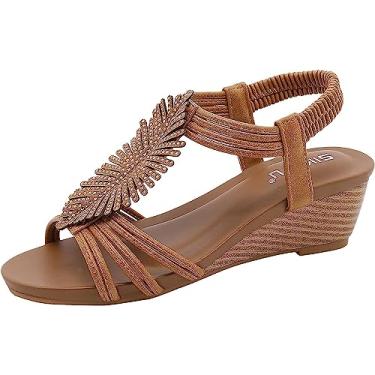 Imagem de Sandálias femininas de anabela com tira cruzada romana respirável casual boêmia sandálias rasteiras, Marrom, 38 BR