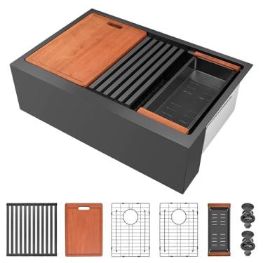 Imagem de Pia de cozinha de fazenda preta de 76 cm, 76 x 55 x 25 cm, pias de aço inoxidável calibre 16 com acessórios práticos