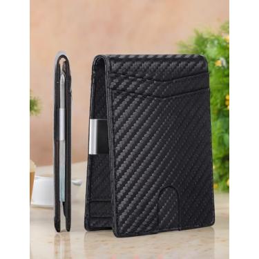 Imagem de Carteira masculina, bolso frontal de couro ultrafino com 12 compartimentos para cartão e bloqueio RFID., Carbono, Simples