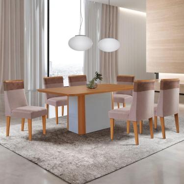 Imagem de Mesa De Jantar Isadora 180cm Tampo Mdf Laminado 6 Cadeiras Andes Linho Capuccino Tork Naturale Off White