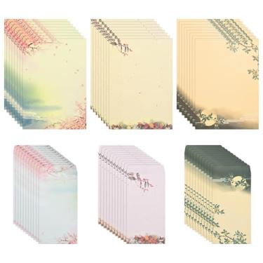 Imagem de BAYTORY Conjunto de 54 peças de papel de papelaria e envelopes, envelopes estilo chinês, 10 x 20 cm, kit de escrita de papéis de carta de amor, artigos de papelaria estética para convite (flores)