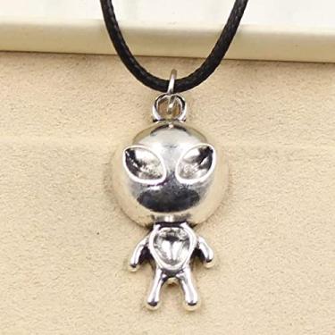 Imagem de EDCRFV Colar pingente tibetano cor prata alienígena berloque cordão de couro preto feito à mão