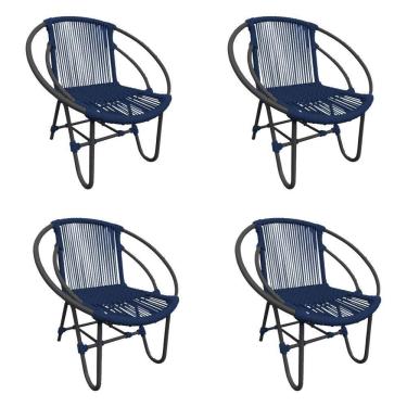 Imagem de Kit 4 Cadeiras Decorativa Julia Em Corda Náutica E Base Em Alumínio Preta- Azul Marinho - Cor: Azul