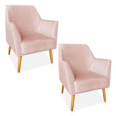Imagem de Kit 02 Poltronas Decorativa Julia Veludo Pés Palito Castanho Rosa Bebê