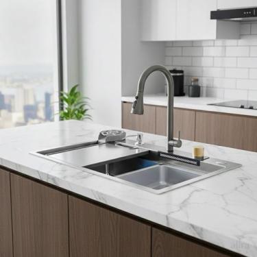 Imagem de Cuba Pia Gourmet Aço Inox 70x45cm Kit Completo Alira Home