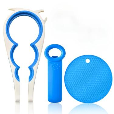 Imagem de Conjunto de abridor de pote multifuncional de 3 peças, ferramenta de cozinha para abrir frascos e garrafas (azul)