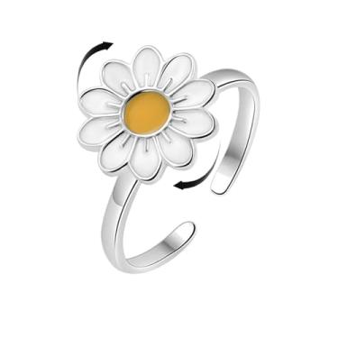 Imagem de Anéis Fidget Anxiety para mulheres, para alívio da ansiedade, estresse, zircônia, giratório, banhado a prata, margarida, ajustável,