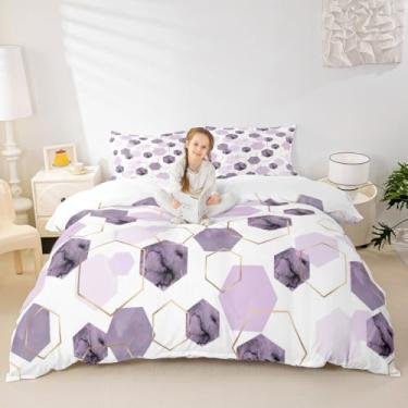 Imagem de Erosebridal Capa de edredom solteiro moderna roxa lavanda - roupa de cama geométrica de grão mármore, arte geométrica abstrata fresca para meninos e meninas, capa de cama hexagonal em aquarela com 1