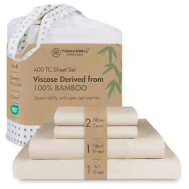 Imagem de Threadmill Lençóis de viscose feitos de bambu tamanho casal | Lençóis de cama leves e sedosos com ajuste profundo no bolso | Respirável e regulador de temperatura | Roupa de cama para todas as