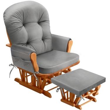Imagem de JZHLLA Conjunto de almofadas de reposição Glider Rocker com bolsos de armazenamento, tecido de flanela macio e espuma de alta resiliência antiderrapante para cadeira de balanço para sala de estar