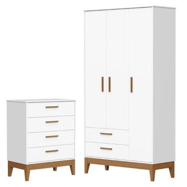 Imagem de Guarda Roupa Infantil Flip 3 Portas Com Cômoda Gaveteiro Infantil Flip Branco Acetinado - Reller